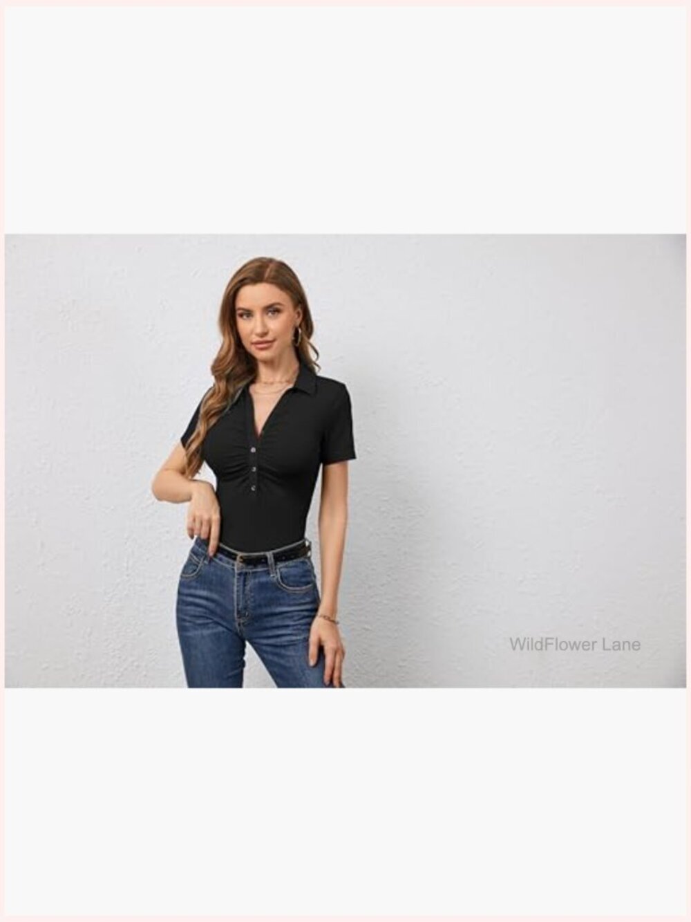 Ribbed Knit Polo V Neck Button Down Fitted Short Sleeve Blouse - Picture 3 of 6